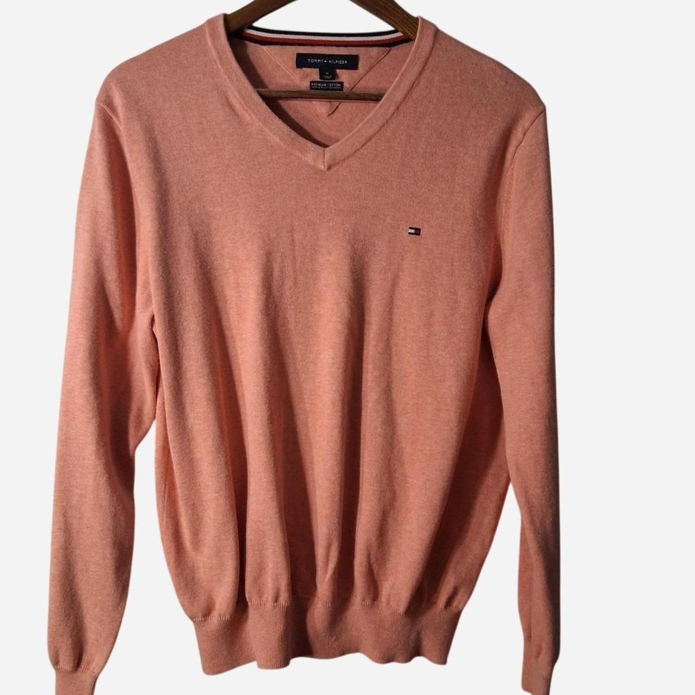 Mens Womens Tommy Hilfiger v neck sweater coral pink cotton sweater logo